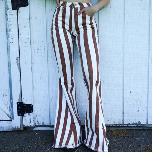 Saints & Hearts Denim - Cotton Stretch Striped Flare Jeans in Brown and White Hippie Country Nashville